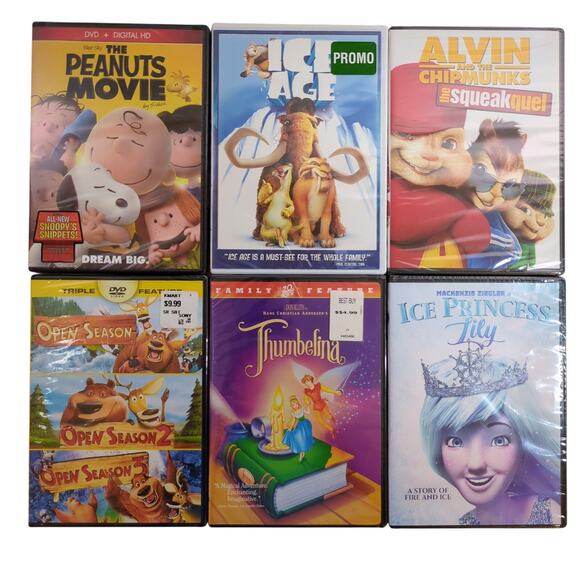 Kids DVD 8 Pack Lot Alvin Chipmunks Ice Age Peanuts Thumbelina Open Season New - Picture 1 of 2